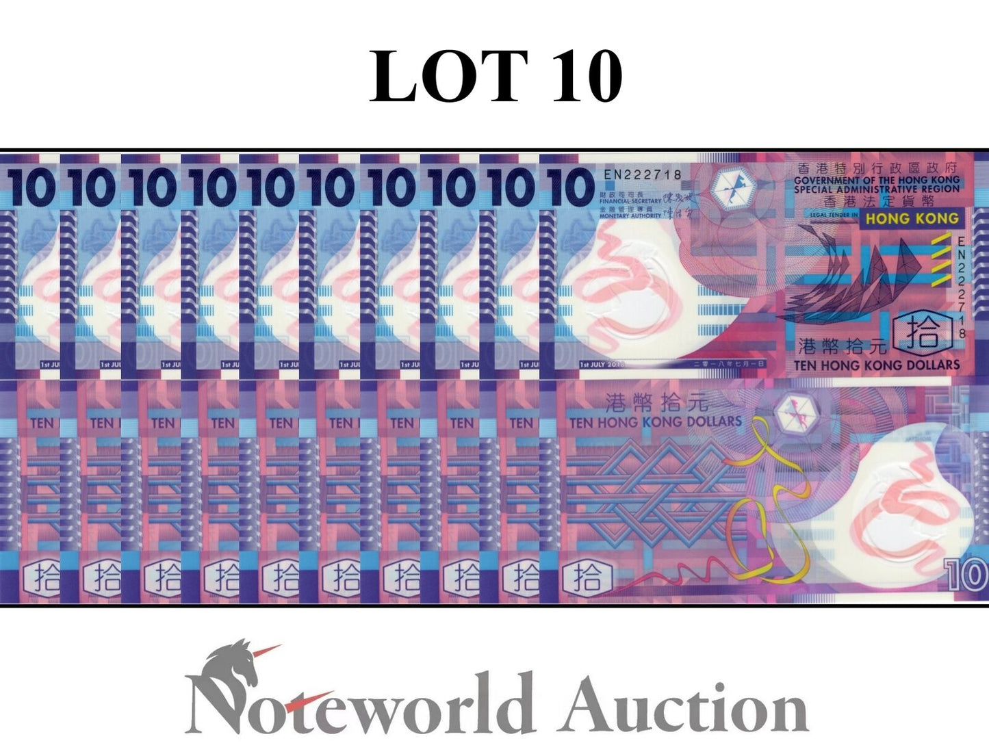 HONG KONG GOV Lot 10 pcs 1/10 Bundle - 10 Dollars 2018 P 401 Polymer UNC