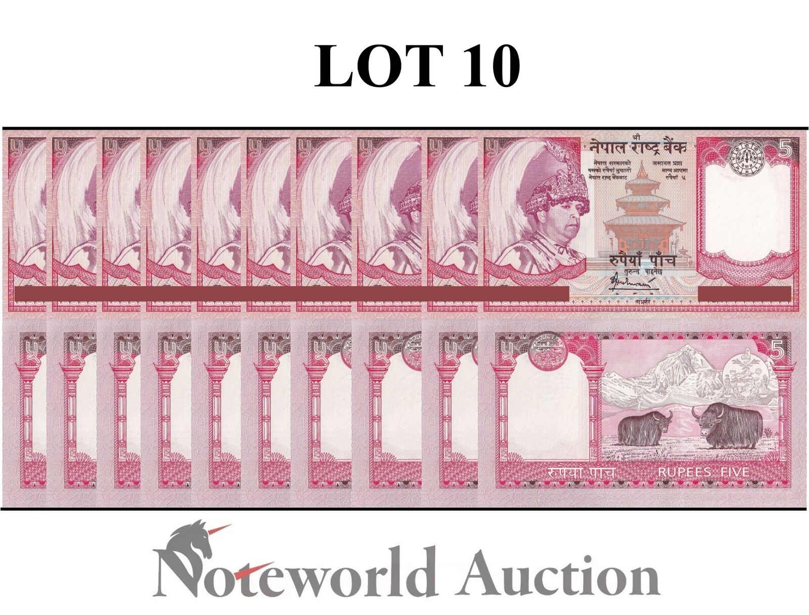 NEPAL Lot 10 pcs 1/10 Bundle - 5 Rupees ND (2005-2006) P 53 UNC