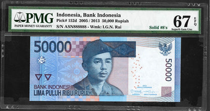 INDONESIA 50000 Rupiah 2005/2013 P 152d Fancy SOLID 8 - 888888 UNC PMG 67 EPQ