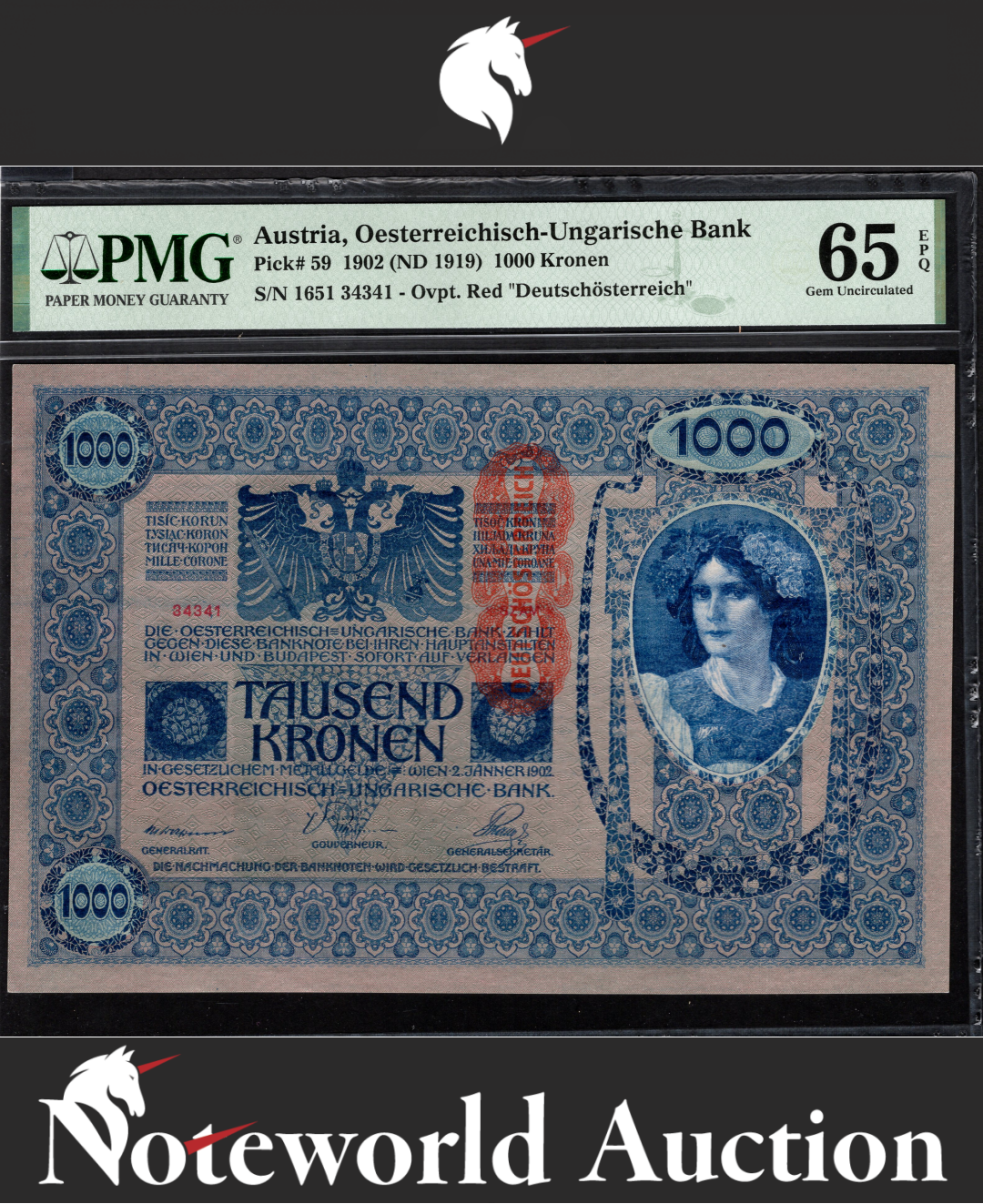 Austria Oesterreichisch Ungarische Bank 1000 1902 (ND 1919) P 59 UNC PMG 65 EPQ