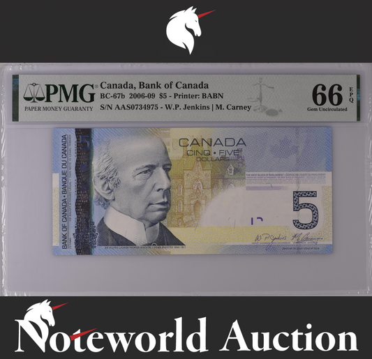 Canada Bank of Canada $5 2006-09 BC-67b Prefix AA UNC PMG 66 EPQ