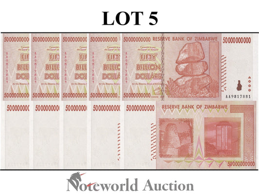 ZIMBABWE 5000000000 Dollars 2008 P 87 Lot 5 pcs 1/20 Bundle UNC