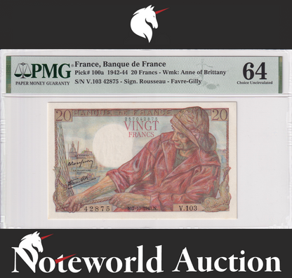 France Banque de France 20 Francs 1942-44 P 100a UNC PMG 64