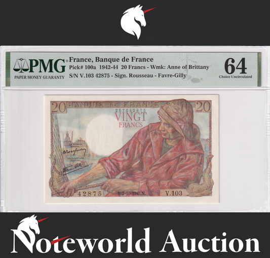 France Banque de France 20 Francs 1942-44 P 100a UNC PMG 64