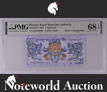 Bhutan 1 Ngultrum 2013 P 27b Radar Serial No. 09888890 UNC PMG 68 EPQ