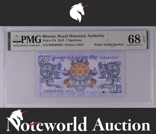 Bhutan 1 Ngultrum 2013 P 27b Radar Serial No. 09888890 UNC PMG 68 EPQ