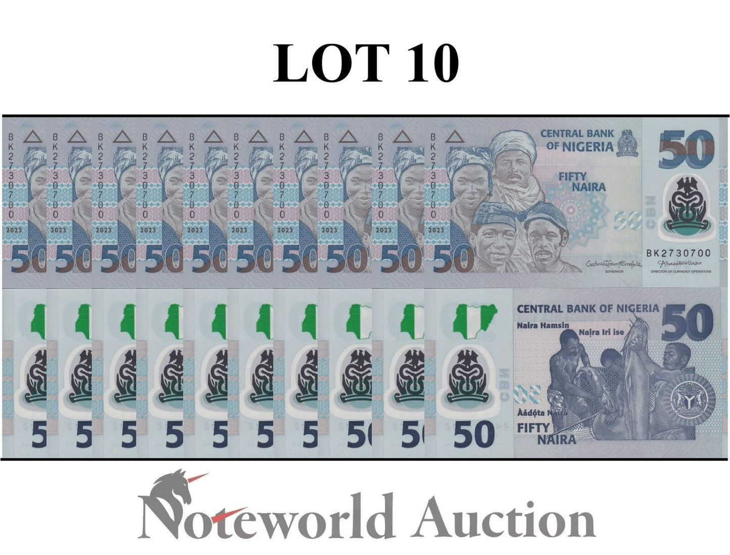 NIGERIA Lot 10 pcs 1/10 Bundle - 50 Naira 2023 P 40 Polymer UNC