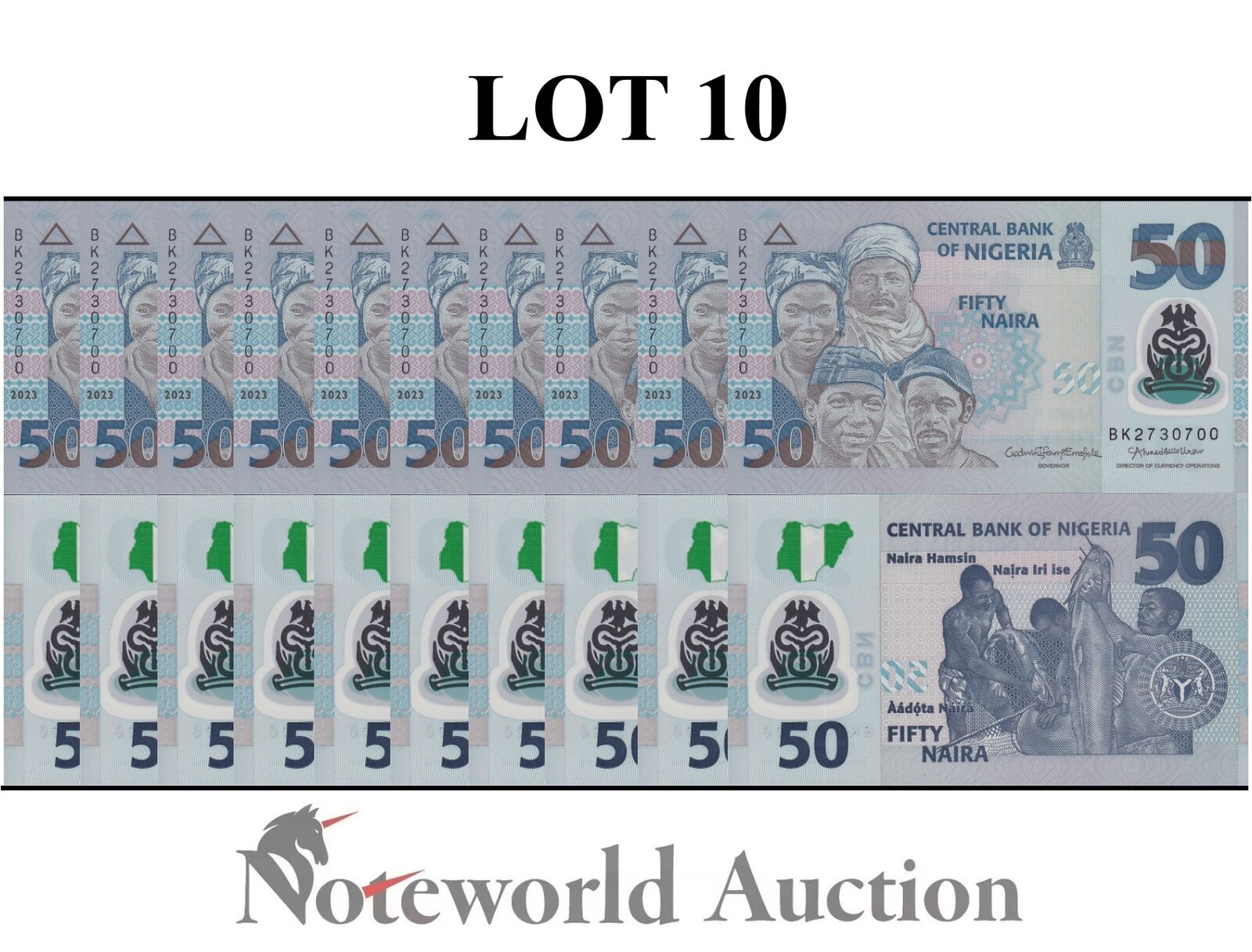 NIGERIA Lot 10 pcs 1/10 Bundle - 50 Naira 2023 P 40 Polymer UNC