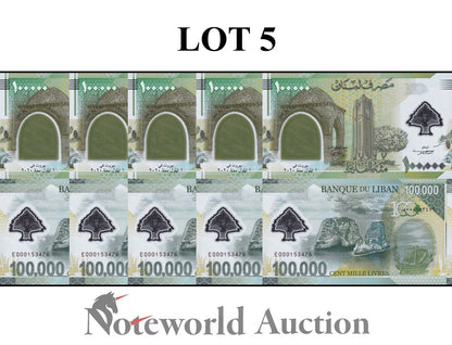 LEBANON 100000 Livres 2020 P 99 Commemorative Polymer Lot 5 1/20 Bundle  UNC