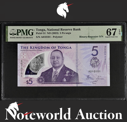 Tonga 5 2023 P 51 Polymer Binary-Repeater S/N 010101 UNC PMG 67 EPQ 2nd TOP POP