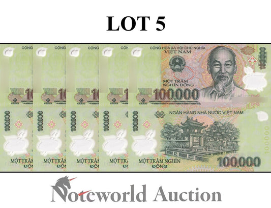 VIET NAM VIETNAM Lot 5 pcs 1/20 Bundle - 100000 Dong 2021 P 122 Polymer UNC