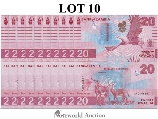 ZAMBIA 20 Kwacha 2024 2025 P New Issue First Prefix AA Lot 10 pcs UNC
