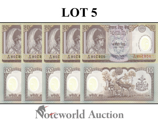 NEPAL 10 Rupees 2002 P 45 Commemorative Polymer Lot 5 pcs 1/20 Bundle UNC