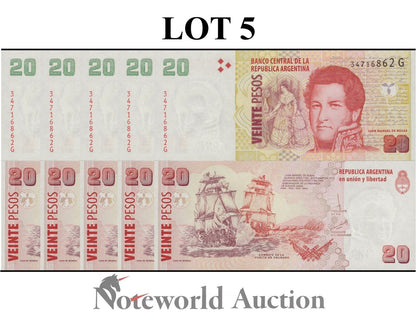 ARGENTINA Lot 5 pcs 1/20 Bundle - 20 Pesos ND 2003 P 355c UNC