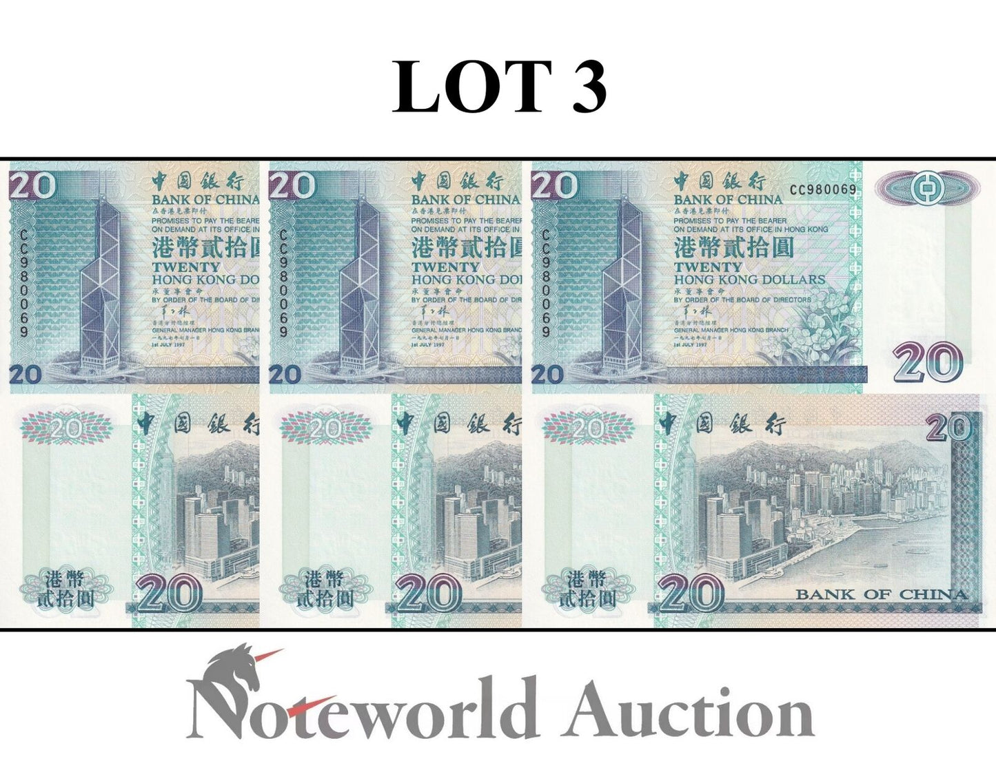 HONG KONG BOC Lot 3 pcs - 20 Dollars 1997 P 329c Year Return to China UNC