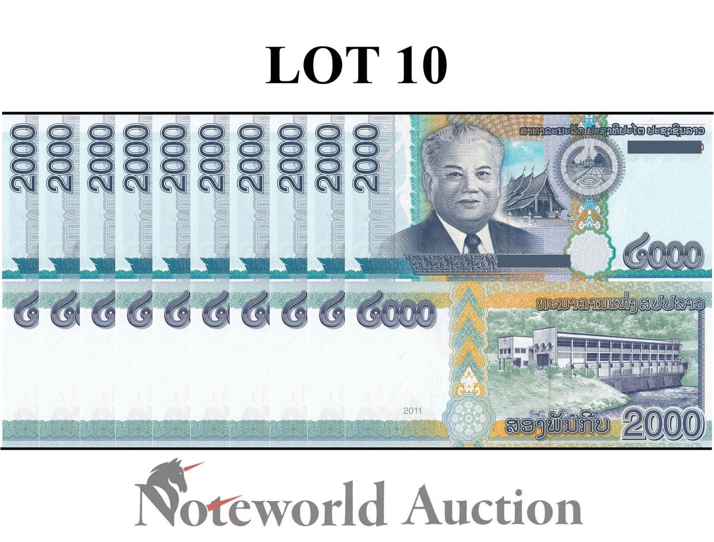 LAOS Lot 10 pcs 1/10 Bundle - 2000 Kip 2011 P 41 UNC