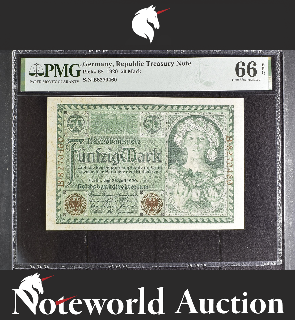 Germany Republic Treasury Note 50 Mark 1920 P 68 UNC PMG 66 EPQ 2nd TOP POP