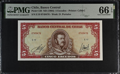 CHILE 5 Escudos 1964 P 138 UNC PMG 66 EPQ