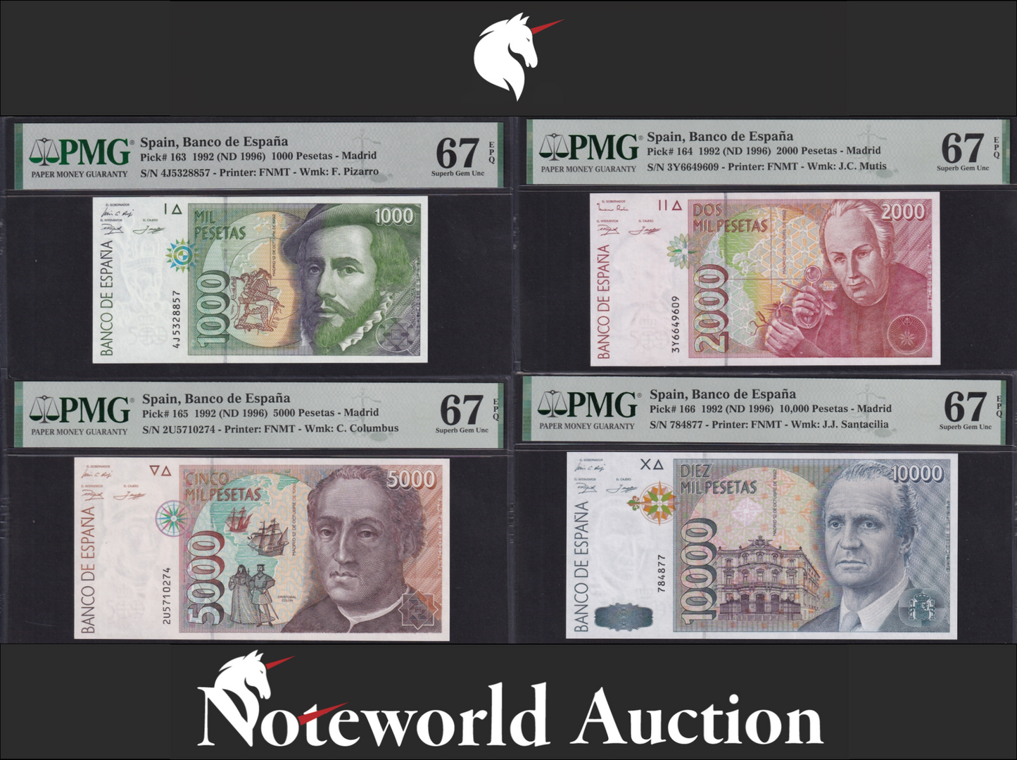 SPAIN Set 4 pcs - 1000-10000 Pesetas 1992 ND 1996 P 163 164-166 UNC PMG 67 EPQ