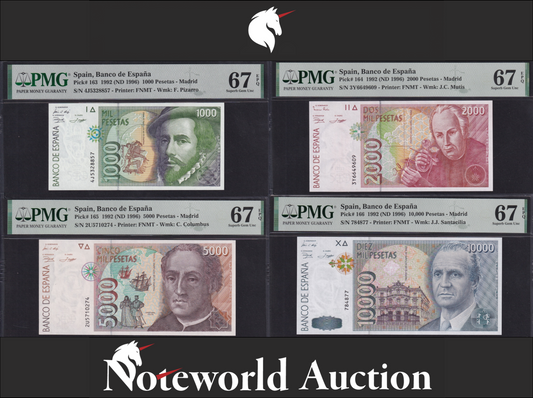 SPAIN Set 4 pcs - 1000-10000 Pesetas 1992 ND 1996 P 163 164-166 UNC PMG 67 EPQ