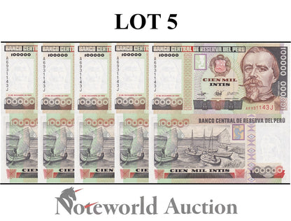 PERU 100000 Intis 1989 P 145 Foxing  Lot 5 pcs 1/20 Bundle UNC