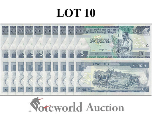 ETHIOPIA 5 Birr 2009/2017 P 47h Lot 10 pcs 1/10 Bundle UNC