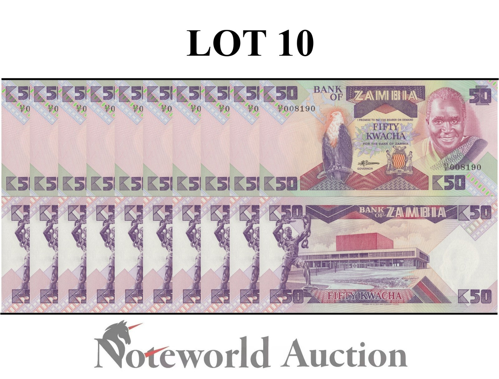 ZAMBIA 50 Kwacha ND 1986-1988 P 28 Lot 10 pcs 1/10 Bundle UNC
