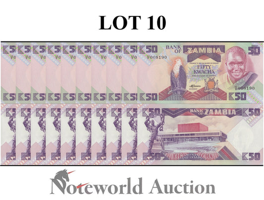 ZAMBIA 50 Kwacha ND 1986-1988 P 28 Lot 10 pcs 1/10 Bundle UNC
