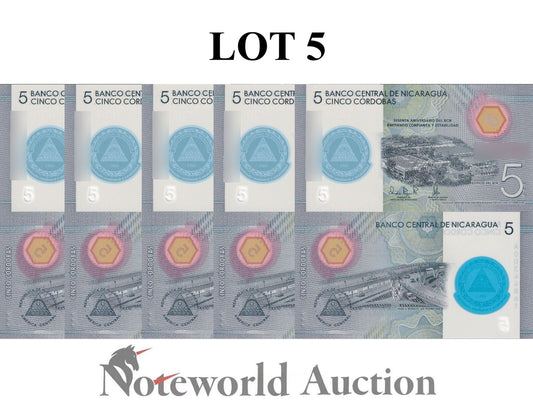 NICARAGUA Commemorative Lot 5 pcs 1/20 Bundle -  5 2019 P 219 Polymer UNC