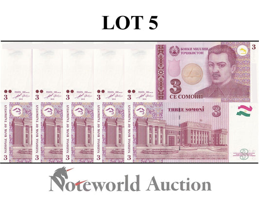 TAJIKISTAN Lot 5 pcs 1/20 Bundle - 3 Somoni 2010 P 20 UNC