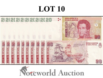 ARGENTINA Lot 10 pcs 1/10 Bundle - 20 Pesos ND 2003 P 355 UNC