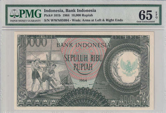 INDONESIA 10000 Rupiah 1964 P 101b UNC PMG 65 EPQ