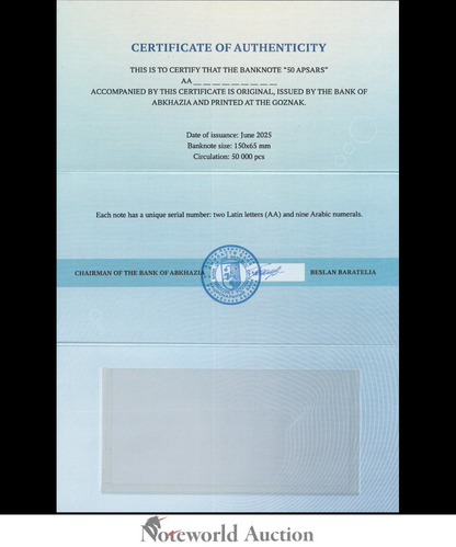 ABKHAZIA COMM. 50 Apsar 2025 P NEW Prefix AA LOW S/N Dolphin With Folder UNC