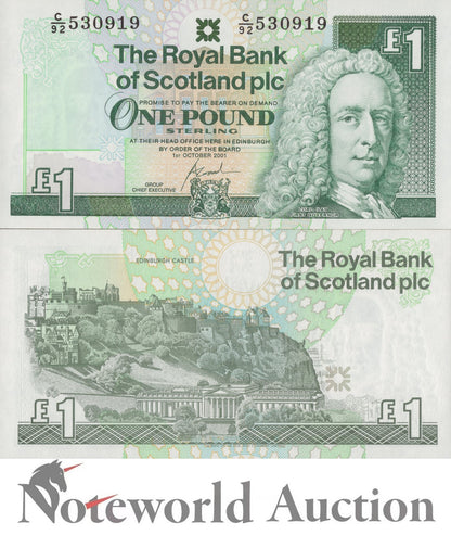 SCOTLAND ROYAL BANK 1 Pound 2001 P 351e Reduced Size Lot 10 p 1/10 Bundle UNC