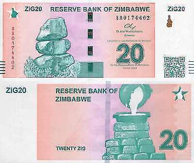 ZIMBABWE Lot 5 pcs 1/20 Bundle - 20 Zig 2024 P 111 First Prefix AA UNC