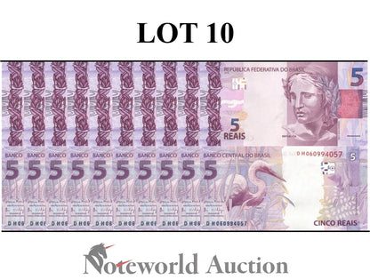 BRAZIL 5 Reais 2010 P 253 Random Sign Lot 10 pcs 1/10 Bundle UNC