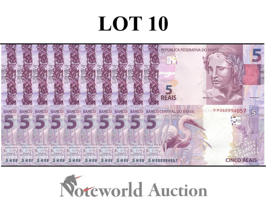 BRAZIL 5 Reais 2010 P 253 Random Sign Lot 10 pcs 1/10 Bundle UNC