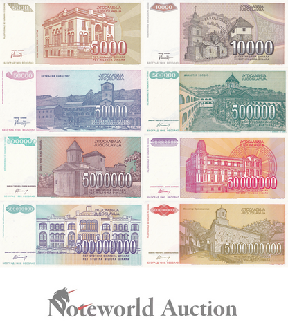 YUGOSLAVIA Set 8 pcs - 50000 - 5 50 500 Million 5 Billion 1993 P 128-135 UNC