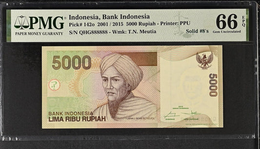 INDONESIA 5000 2001/2015 P 142o Fancy Lucky SOLID 8 - 888888 UNC PMG 66 EPQ