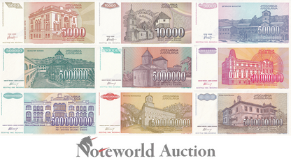 YUGOSLAVIA Set 9 pcs - 5000-50000000000 1993 P 128 129 130 131 132 133-136 UNC