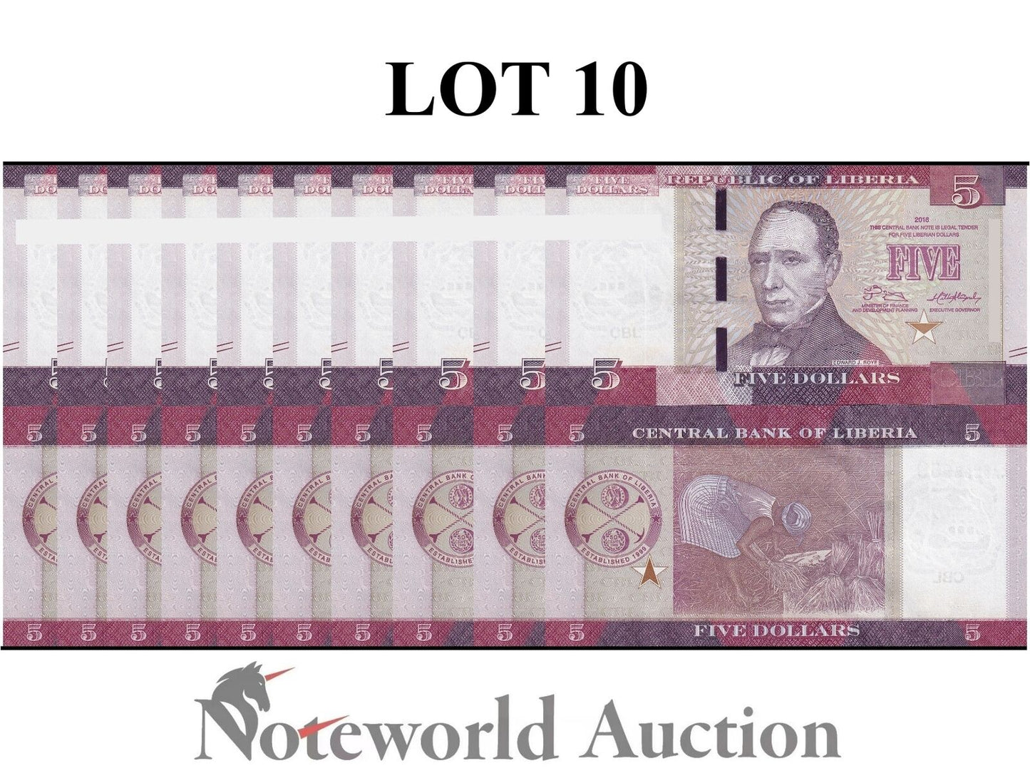 LIBERIA Lot 10 pcs 1/10 Bundle - 5 Dllars 2016 P 31a AA First Prefix UNC