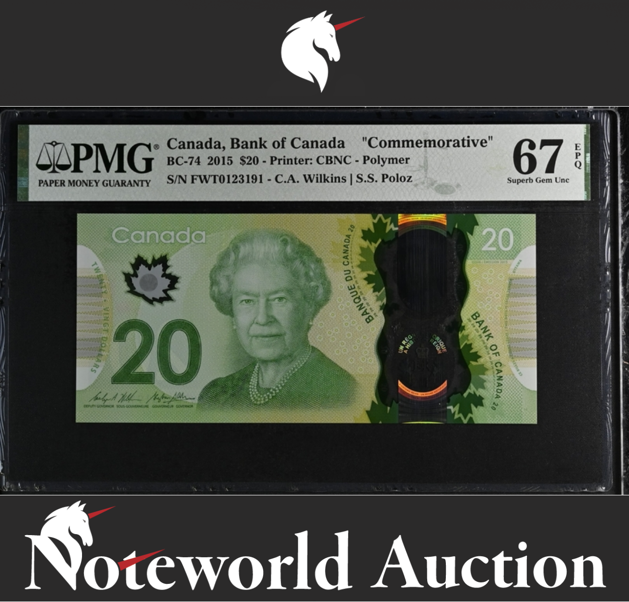 Canada Bank of Canada Commemorative $20 2015 BC-74 Polymer UNC PMG 67 EPQ