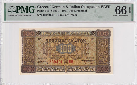 GREECE GERMAN ITALIAN Occupation WWII 100 Drachmai 1941 P 116 UNC PMG 66 EPQ