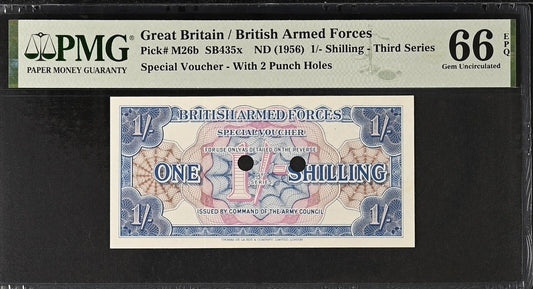 GREAT BRITAIN 1/- Shilling 1956 P M26b W/ Holes 2nd Top POP UNC PMG 66 EPQ