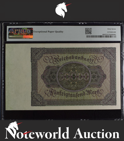Germany Republic Treasury Note 50000 Mark 1922 P 80 UNC PMG 67 EPQ TOP POP