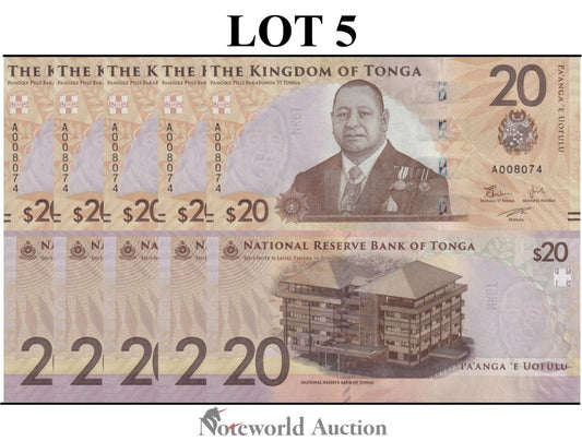 TONGA Lot 5 pcs 1/20 Bundle - 20 Papanga ND 2023 2024 P 53 New Issue UNC