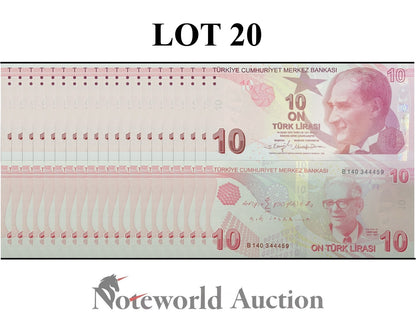 TURKEY 10 Turk Lirasi 2009 P 223 Random Sign Lot 20 pcs 1/5 Bundle UNC