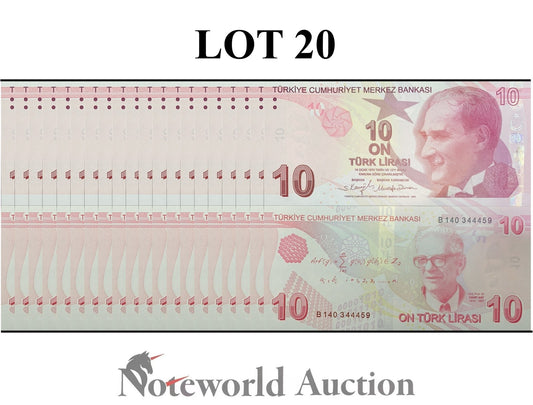 TURKEY 10 Turk Lirasi 2009 P 223 Random Sign Lot 20 pcs 1/5 Bundle UNC