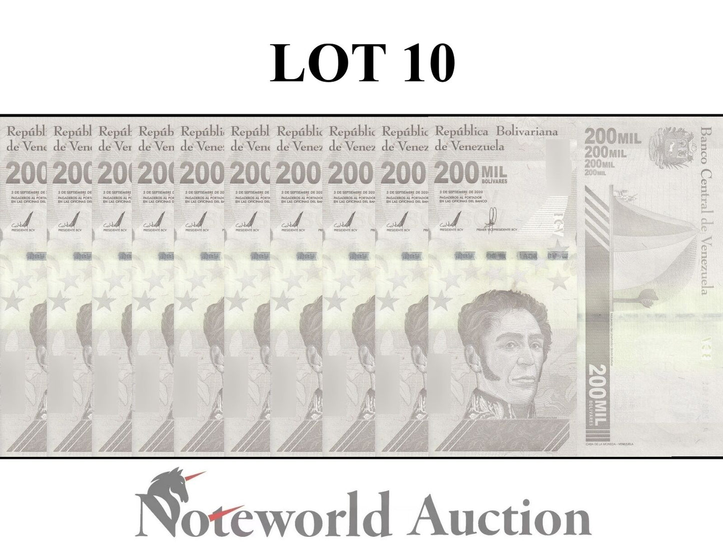 VENEZUELA Lot 10 pcs 1/10 Bundle - 200000 Bolivares 2020/2021 P 112 UNC