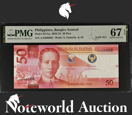 Philippines 50 Piso 2022-23 P 231Aa Prefix AA SOLID 6 - AA666666 UNC PMG 67 EPQ